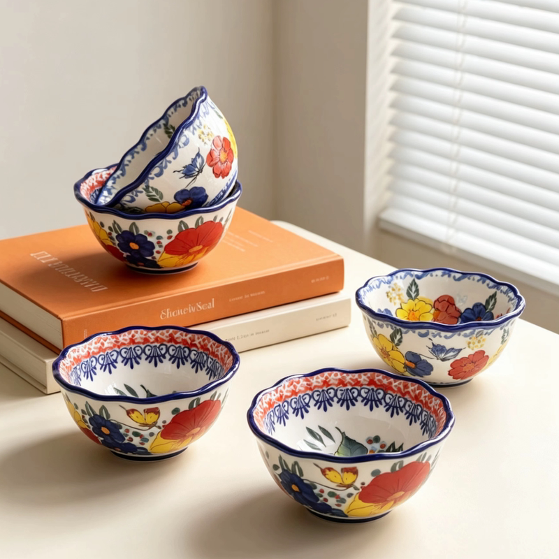 Polish Retro-Style Small Bowl for Home Use, Personal Ceramic Tableware, Hand-Painted High-Value Bowlware, Yogurt Salad Bowl