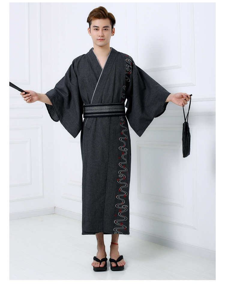 Tk 日本和服浴衣雙層領春秋冬款精緻刺繡純棉男士和服居家服不含腰封扇子手提袋木屐黑色 露天拍賣