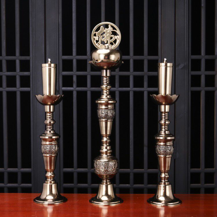 Buddha with pure copper Buddha character infinity god oil lamp three-piece set of two instruments butter lamp Buddha front lamp Bagua incense burner incense powder cup jar