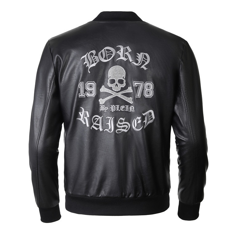 Men's Pp Leather Jacket with Skull Embroidery and Rhinestones, Autumn and Winter Quilted Trendy Fashion Biker Stand Collar Jacket Men's Pp Leather Jacket with Skull Embroidery and Rhinestones, Autumn and Winter Quilted Trendy Fashion Biker Stand Collar Jacket
