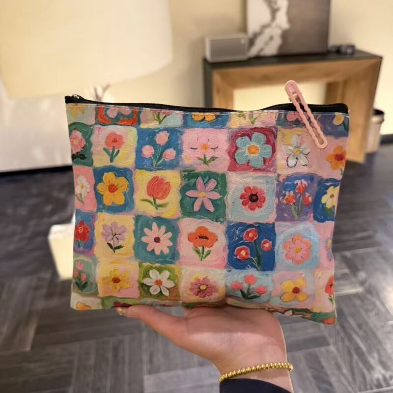 ins Oil Painting Style Colorful Floral Clutch Bag Retro Portable Cosmetic Bag Canvas Pencil Case Miscellaneous Storage Bag