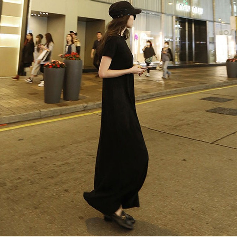 2025 Summer New Style French Light Mature Style Simple Elegant Casual Loose Black Extra-Long Dress for Women