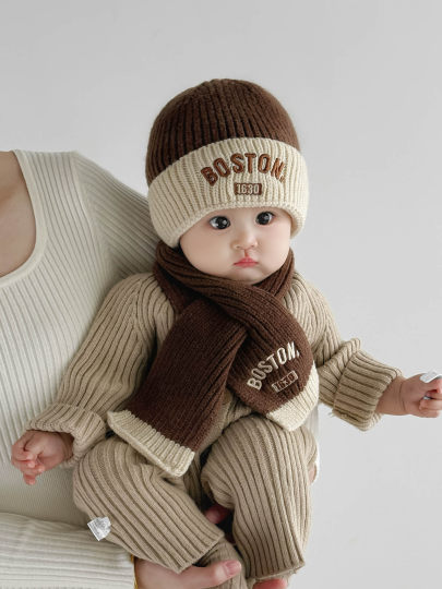 Baby hat boy winter knitted hat set children's scarf outdoor warm two-piece set girl Korean style versatile