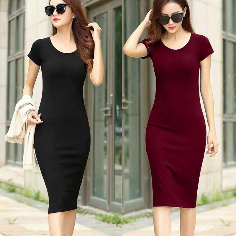 2026 Summer Short-Sleeved Dress for Women, Summer Black Slim-Fitting Hip-Hugging Sexy Long Dress for Women, Slimming Over-The-Knee Long Dress