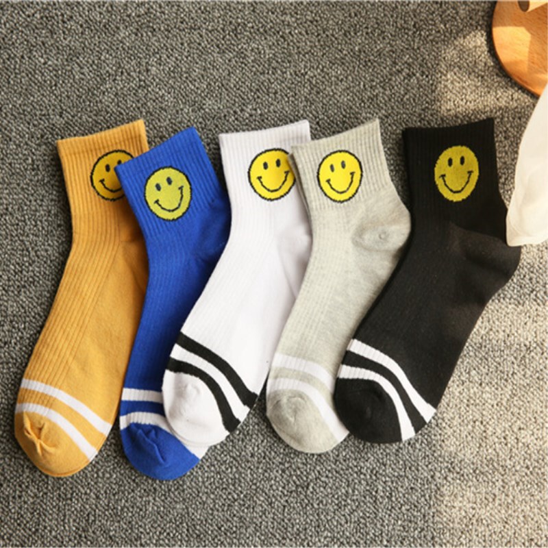Korean Harajuku Two-Stripe Smiley Face Socks Unisex Mid-Calf Long Socks Japanese Student College Style Korean Version Trendy Short Socks