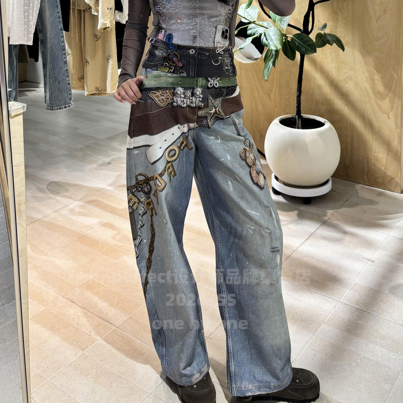 Imperfect Originally Planned ▶ Nanyou T-Waist Chain Lace 3D Printed Casual Wide-Leg Jeans for Women