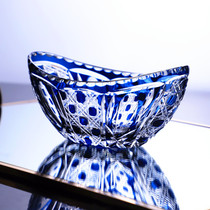 Household crystal glass tableware Japanese hand-carved snack dishes smoothie bowl retro blue ingot Bowl