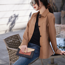 Zhao style Italian jin mouth uncoated sheepskin hunting short leather clothing retro box lapel coat