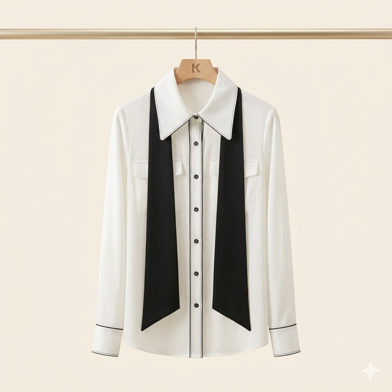 Karl Lagerfeld Genuine Spring/Summer 26 Detachable Bow Ribbon Black and White Shirt P22L1640998 Karl Lagerfeld Genuine Spring/Summer 26 Detachable Bow Ribbon Black and White Shirt P22L1640998