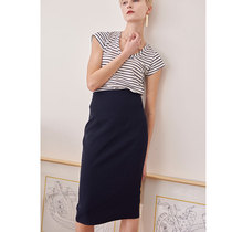 mytopbuyer dark navy blue spring and summer new good texture high waist slim back split Medium-length dress skirt women