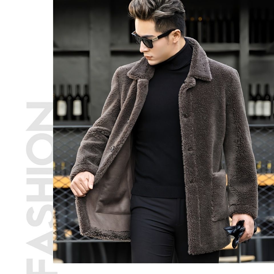 Henning grain sheep cut velvet coat men's winter medium long lamb fur wool integrated imitation leather fur coat leather grass jacket-Taobao