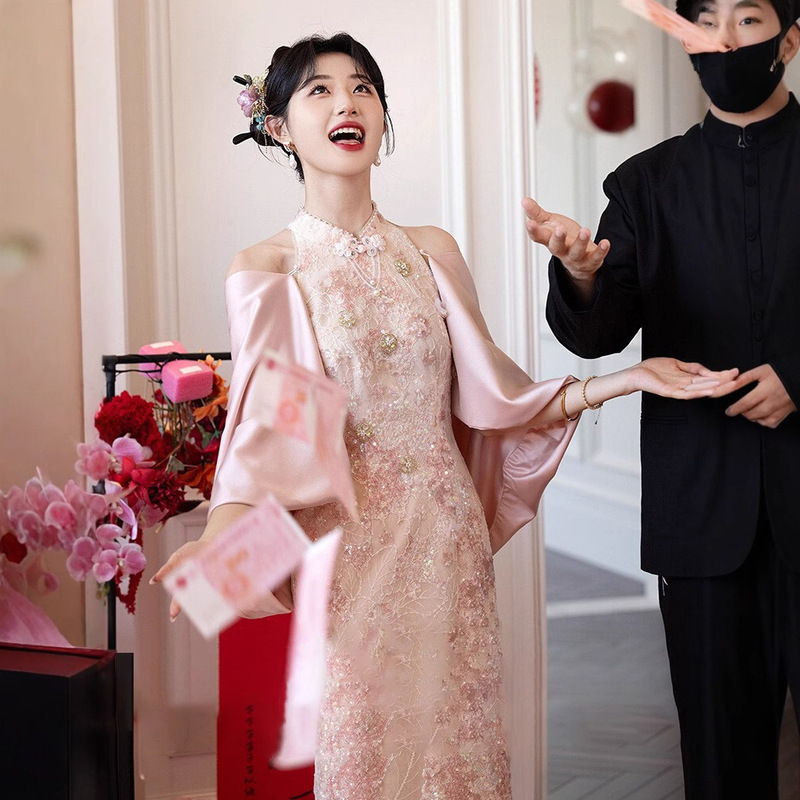 Pink Banquet Dress Cheongsam for Women 2026 New Style New Chinese Style Engagement Dress Bride Wedding Dressing Gown for Women