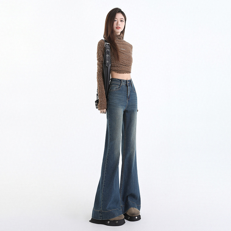 Spring and Autumn Non-Tight-Fitting Flared Jeans for Women, High-Waisted, Loose-Fitting, Slimming, American Retro Blue Extended Flared Pants