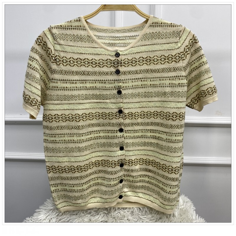 Vintage Striped Short-Sleeve Ramie Knit Cardigan for Women with Round Neck and Buttons, Versatile Sweater Jacket 244