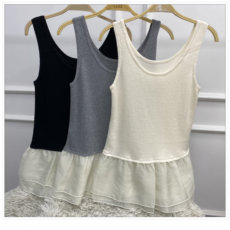 U-Neck Patchwork Vest for Women, Versatile and Slimming, with Ruffled Hem Knit Top 166