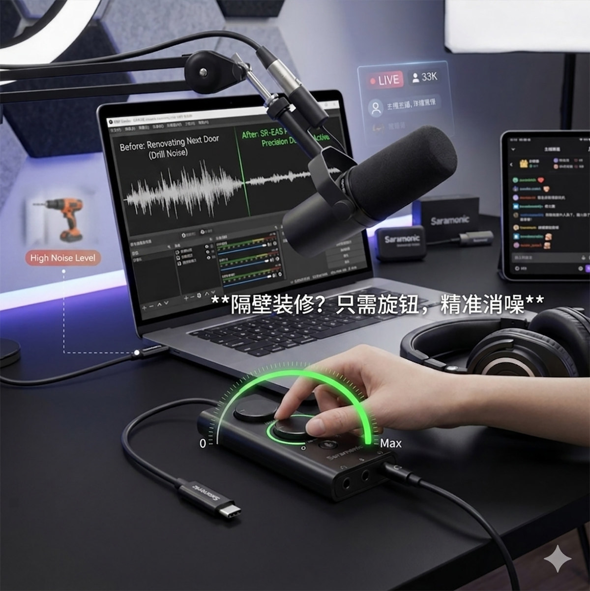 Saramonic SR-EA5降噪声卡-45dB硬件主动降噪 双耳机监听，手机/电脑/PS4/Switch通用USB-C外置声卡（Noise Reduction, Mute, Volume Control）