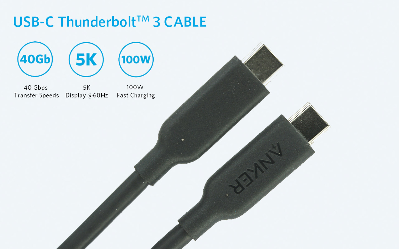 1米Anker USB-C to USB-C Thunderbolt 3.0 Cable 3.3ft雷电3霹雳3 40Gbps数据线5K 60HZ一线通100W 5A PD3.0快充线 PowerLine II USB-IF认证