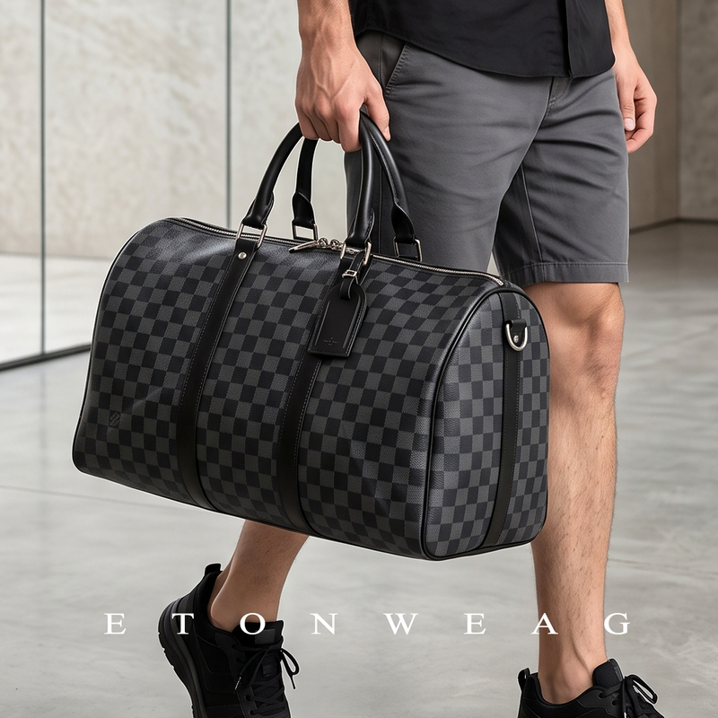 Trendy Brand Plaid Hand-Held Travel Bag, Short-Distance Luggage Bag, Large-Capacity Shoulder Bag, New Leather Horizontal Fitness Bag