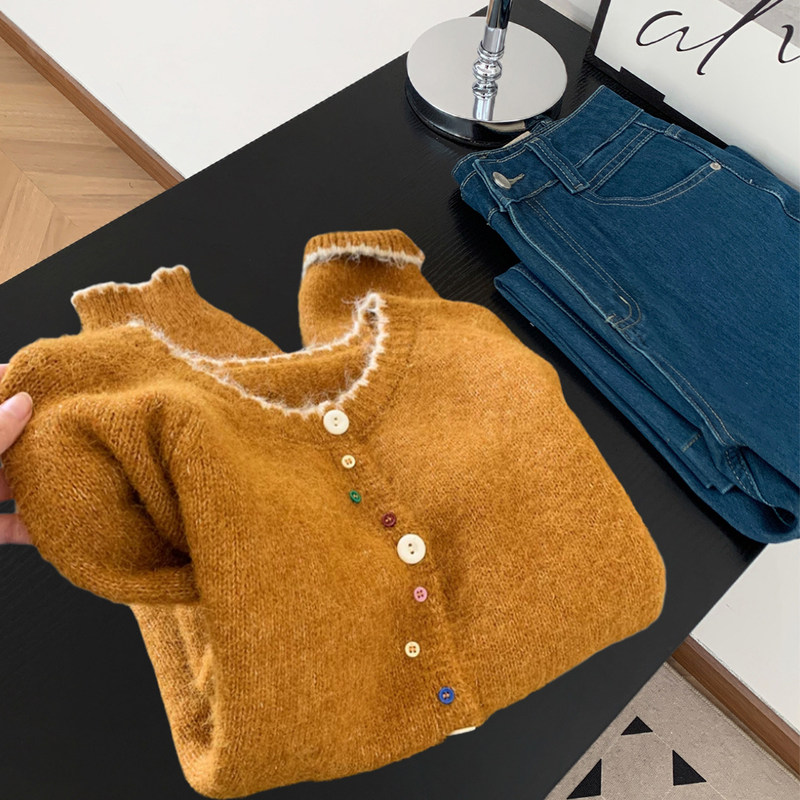 Lazy and Sophisticated Pumpkin Orange Knitted Cardigan for Women, Spring and Autumn Korean Style Gentle Raccoon Fur Sweater Jacket