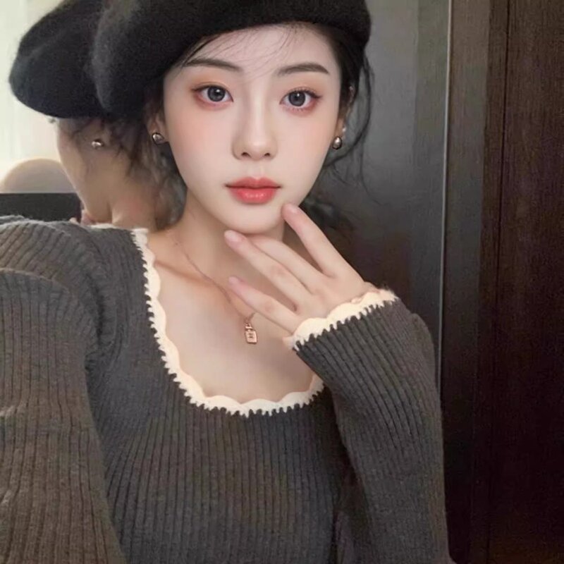 Unique Color-Blocking Spicy Girl Style Square-Neck Ruffled Long-Sleeve Slim-Fit Sweater Base Shirt for Women, Spring Knit Inner Top