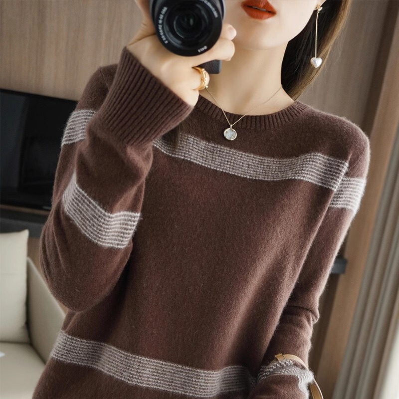 2025 Autumn/Winter New Striped Crew Neck Long Sleeve Base Shirt for Women, Winter Fashion Loose Sweater Pullover Knitwear Trend 2025 Autumn/Winter New Striped Crew Neck Long Sleeve Base Shirt for Women, Winter Fashion Loose Sweater Pullover Knitwear Trend