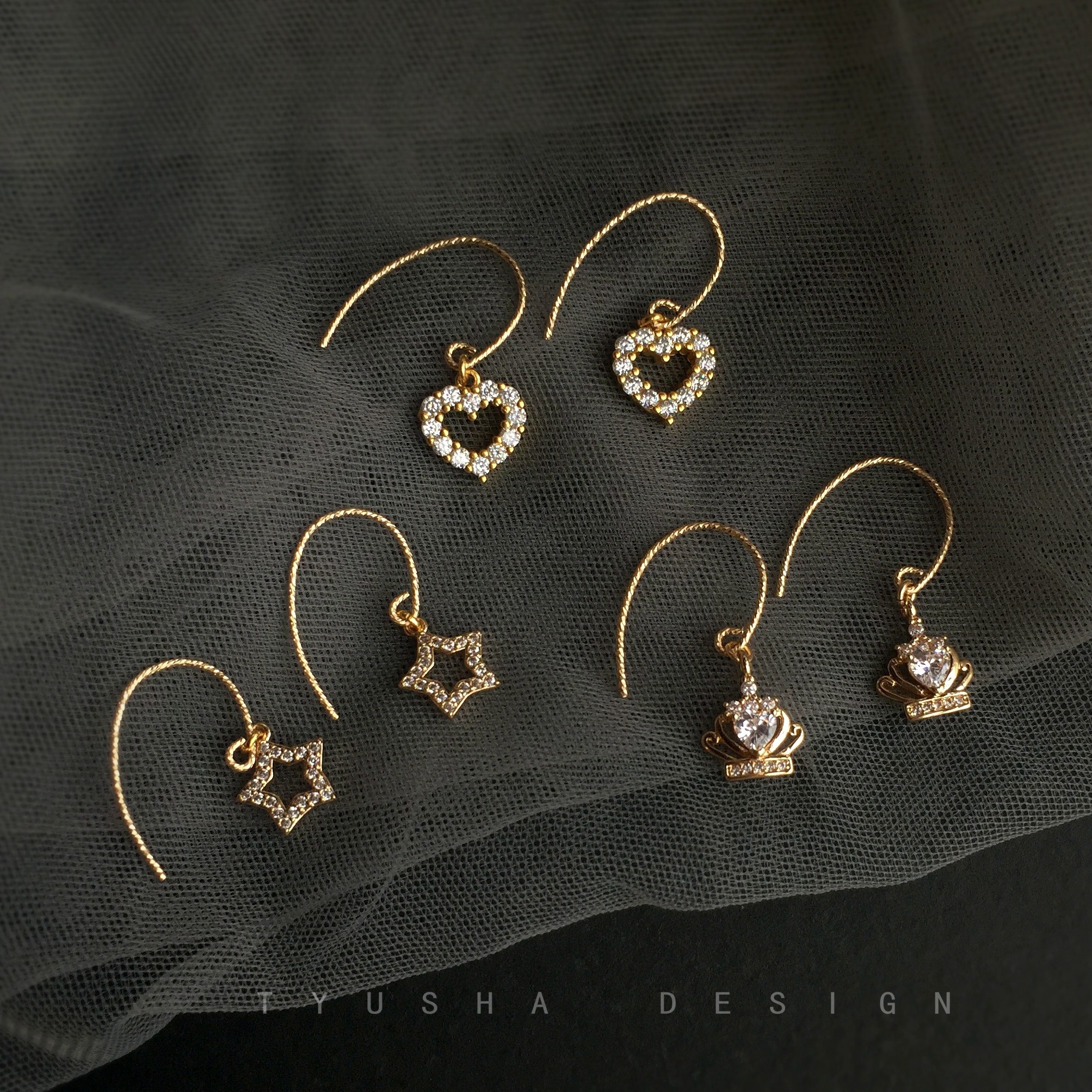 TYUSHA Three-in-America Imports 14K Note Gold Baugold Inlaid Drilling Crown Loving Pentagram Ear Hook Earrings Earrings
