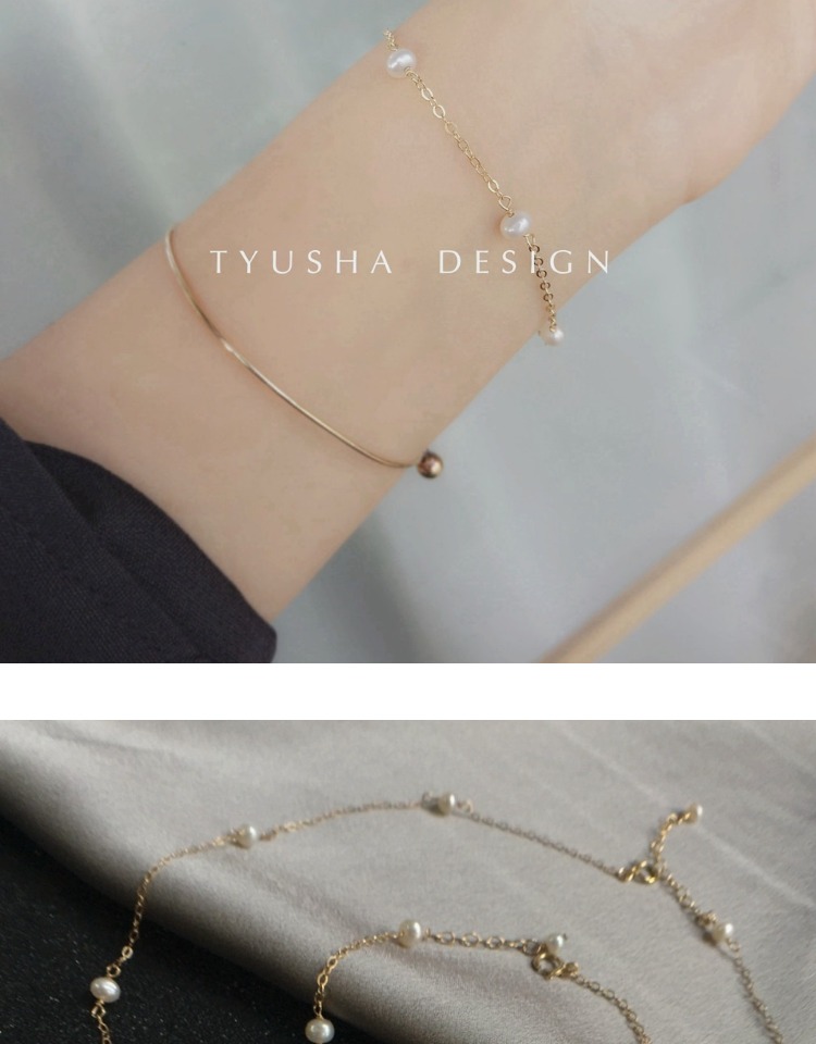 TYUSHA Ngọc trai nước ngọt tự nhiên cổ điển Nhập khẩu Vòng cổ vàng 14k Chuỗi xương đòn Vòng cổ Vòng chân - Vòng chân lắc chân nữ bạch kim