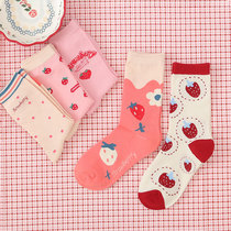 Nuts mommy pink strawberry socks female cute spring and autumn summer Korean Japanese soft sister middle stockings tide
