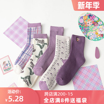 Purple floral Terry socks thickened and velvet Japanese students keep warm towel socks children in the tube moon socks autumn and winter