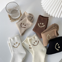 Curled smiley face socks Womens Mid-range socks autumn and winter cotton cute Japanese plus velvet thickened moon socks