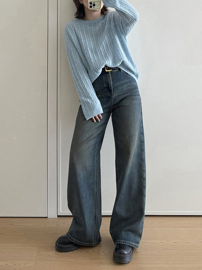 Anna Is Gentle and Wild, Fleece-Lined Straight-Leg Flared Denim Pants for Women, Slimming and Versatile, Warm