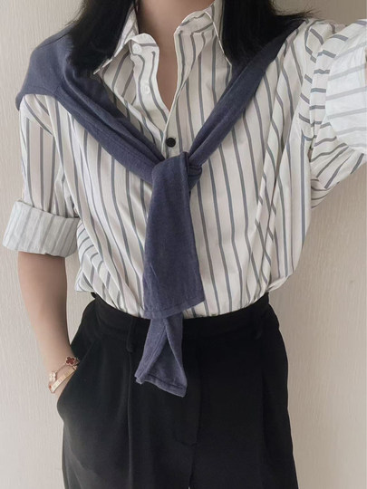 Anna Kengen Sea Breeze Diary 100% Cotton Striped Comfortable Commuting Casual Versatile Simple Fashionable Long Sleeve Shirt