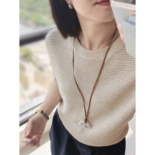 Anna's Time Hymn Linen Gold and Silver Thread Perforated Elegant Versatile Round Neck Stretch Knit Short Sleeve Women's Top