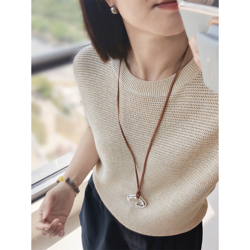 Anna Kengen Time Hymn Linen Gold and Silver Thread Perforated Versatile Commuting Round Neck Stretch Knit Short Sleeve Women's Top