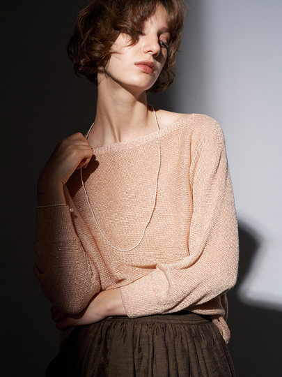 Anna Is a Social Media Sensation, and Her Gold and Silver Thread Linen Batwing Sleeve Off-Shoulder Knit Top Is an Elegant Three-Quarter Sleeve Blouse