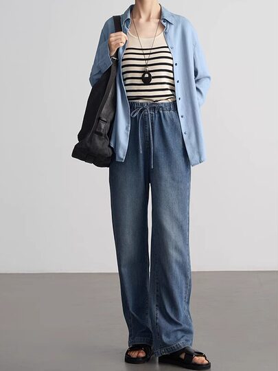 Anna Is a Straightforward Protagonist. Lyocell Drapey Elastic Waist Tie-Up Floor-Length Straight-Leg Jeans for Women, Versatile for Summer