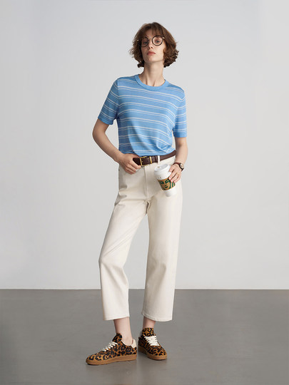 Anna Rejuvenation Mulberry Silk 18-Needle Dense Woven Stripesd Short-Sleeved Miu Style Round Neck Comfortable Knitted T-Shirt for Women Summer