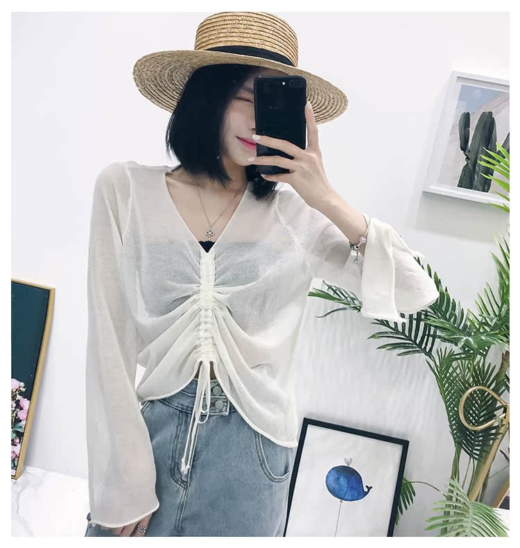 Mùa hè 2018 phiên bản Hàn Quốc mới của áo cổ chữ V hoang dã lụa dài tay áo len dây rút dây buộc phần mỏng điều hòa không khí nữ áo len nữ form rộng