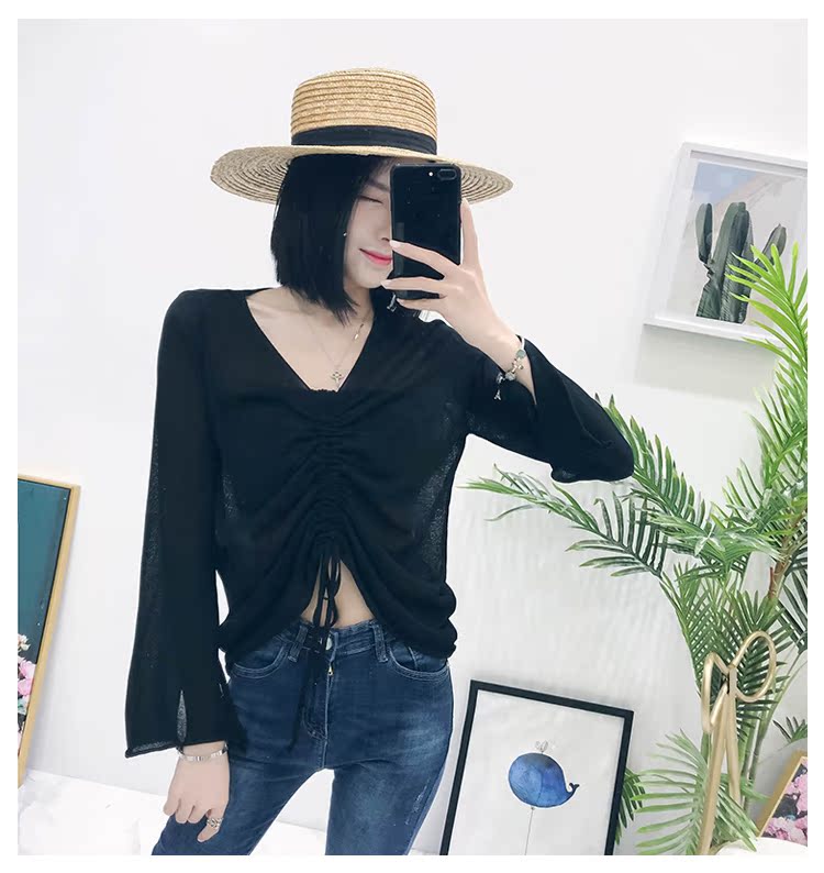 Mùa hè 2018 phiên bản Hàn Quốc mới của áo cổ chữ V hoang dã lụa dài tay áo len dây rút dây buộc phần mỏng điều hòa không khí nữ áo len nữ form rộng