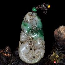 Old jade keeper Pau auspicious stock Myanmar Old pit breeds Qingdai Zhengyang Green Qianhe Jade Lotus Leaf Fish Pendant