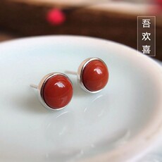 Серьги 吾欢喜纯银饰天然南红耳钉圆形银色红豆简约精致中国风女款