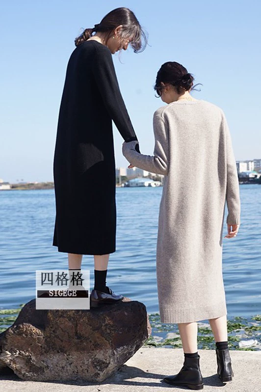 Mùa thu và mùa đông mới cashmere siêu dài dài đến đầu gối cổ tròn áo len dài giữa lười lười áo len dệt kim dày - Vòng cổ áo len