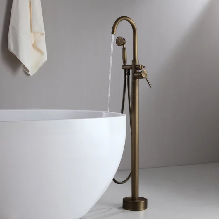 Pure Copper Antique Floor-Standing Bathtub Faucet Hot and Cold Shower Set Bathtub Faucet Side-Mounted Faucet Shower