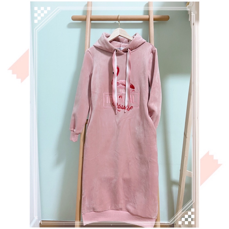 Flamingo Embroidered Hooded Drawstring Long Over-The-Knee Double-Sided Fleece Flannel Korean Style Sweatshirt Dress for Women, Spring and Autumn Style