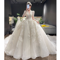 Long Sleeve Heavy Industry Wedding Dress 2022 New Bridal Main Yarn Court Style Vintage Premium Feel French Tail Winter