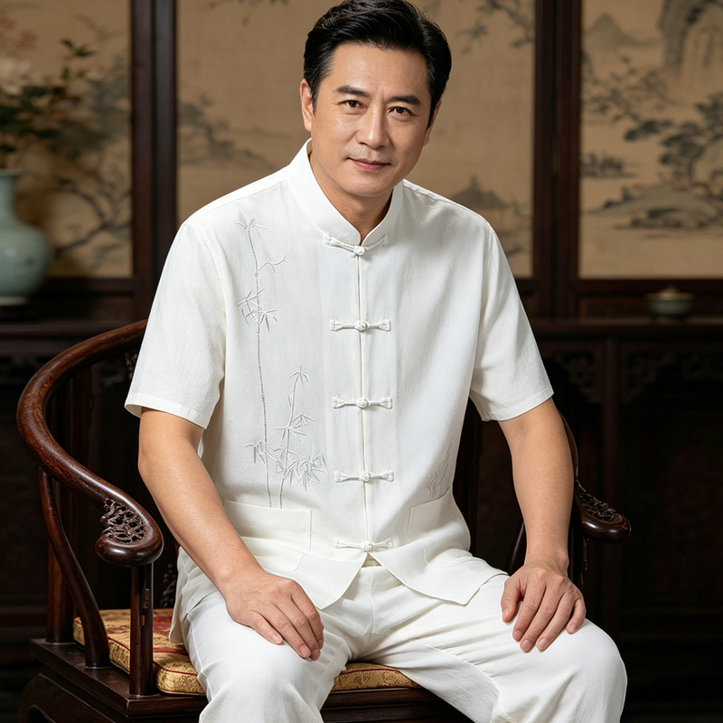 Pure Cotton Short-Sleeved Thin Tang Suit Men's Set Ethnic Style Dad Outfit Hanfu Chinese Style Embroidered Casual Loose Shirt