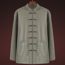 Autumn and summer cotton linen Tang clothing middle-aged mens long sleeve father Chinese style grandfather shirt Chinese old clothes