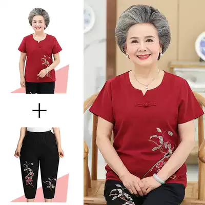 Middle-aged and elderly grandmother clothes mother cotton and linen women Chinese style Tang suit short sleeve summer old lady clothing clothing