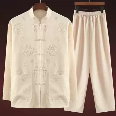 Chinese Tang suit men's father long sleeve suit middle-aged and elderly cotton grandfather 60-70-80 year old man's clothing autumn