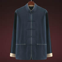 Middle-aged and elderly people Tang suit mens long sleeve coat tunic cotton linen father grandfather old clothes Chinese style autumn clothes
